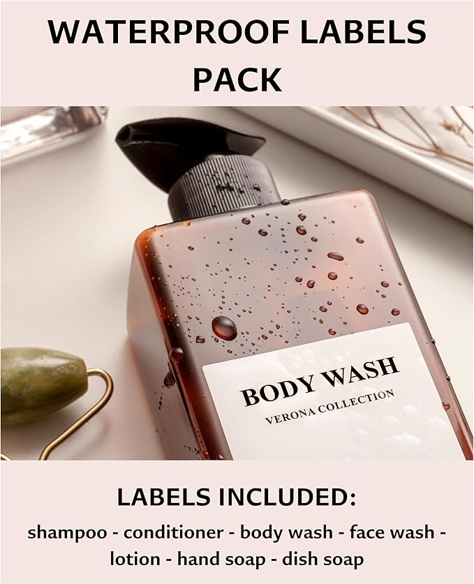 La Via Casa Shampoo and Conditioner Dispenser | 3 Plastic Amber 3 Wall Mount Black | Shampoo Dispenser with Waterproof Labels | No Drill | Shower Bottles Refillable with Pump