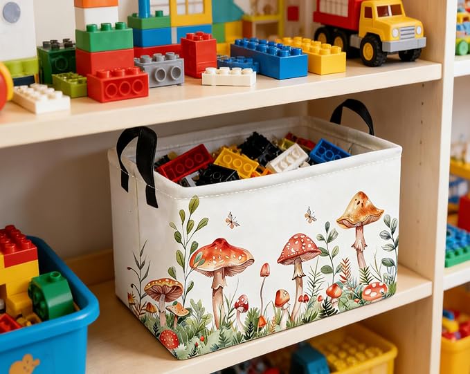 Essme Rectangular Mushroom Basket,Kids Storage Bins Organizer with Handles for Girls Room Decor, Gift Basket,Shelf Basket.(Mushroom)