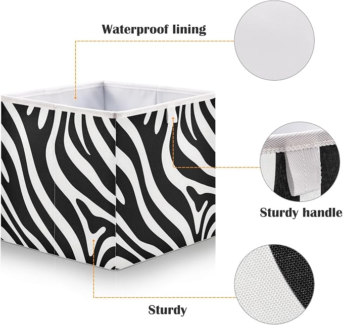 Black and White Zebra Print Cube Storage Bins Collapsible Fabric Storage Baskets Large Clothes Organizer Box for Bedroom Living Room Study Room 11×11×11 In