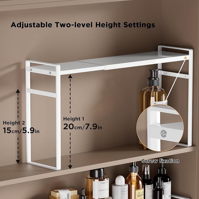 Expandable Medicine Cabinet Organizer, White | Heavy-Duty, Metal, Adjustable Shelf Trays, For Bathroom, Kitchen, Narrow Spaces, Space-Saving Storage Solution