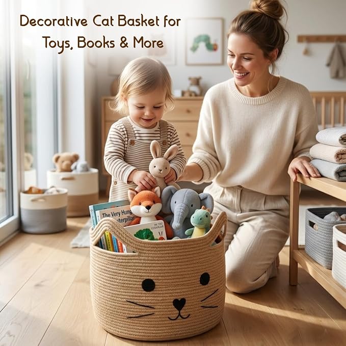Storage Basket, Large 35L Woven Cotton Rope Baby Bin with Cat face, Cutout Handles, Foldable,Washable, Safe box for Pet's & Kid's toys, Stuffed Animals, Laundry Hamper (Cat - Jute)
