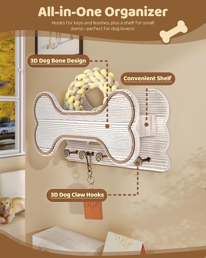 MTERSN Dog Leash Holder for Wall with Key Hooks for Dog Lover Gift, White | Chic 3D Puppy Paw Hooks, Doggie Bone Shape Key Rack Wall Mount with 5 Hooks, Display Shelf, Ideal for Treats & Dog Food