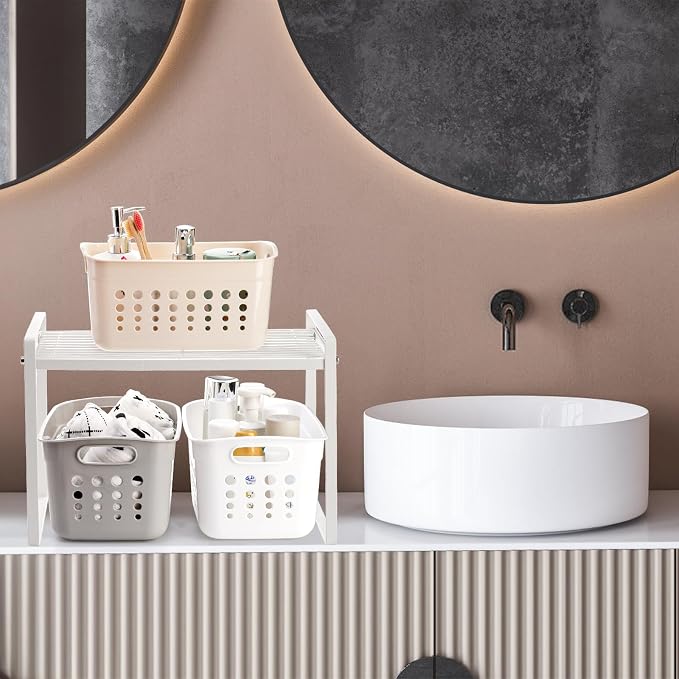 9 Pack Plastic Storage Basket, Small Pantry Organizer Basket Bins, Rectangular Storage Tray Baskets Container with Handle for Shelf, Household, Desktop (Beige, White, Gray)