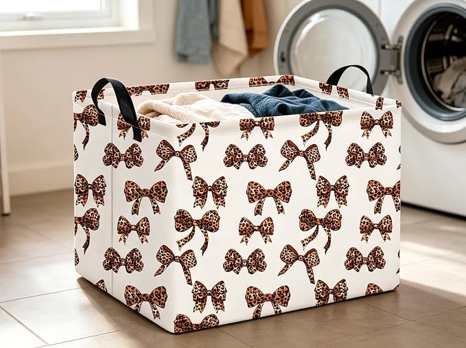CLOCOR Rectangular Storage Basket,Waterproof Books Box with Handles,Gift Basket(Leopard Print Bow)