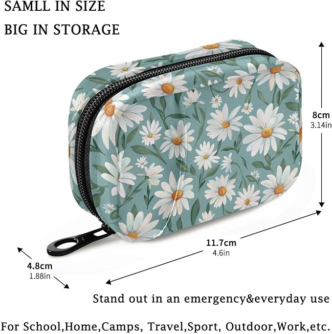 Fustylead Beautiful Daisy Flowers and Leaves Pill Organizer for Purse, Weekly Portable Pill Box with Zipper to Storage Vitamins Fish Oils Medications Supplements