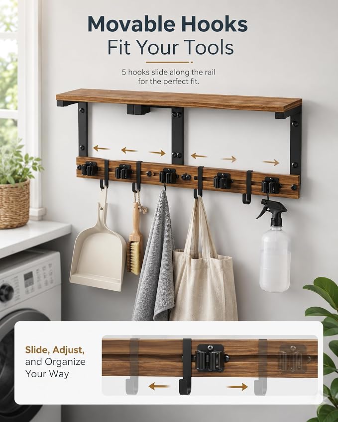 Broom and Mop Holder Wall Mount, 27" Large Organizer with Wood Shelf | Vacuum Holder, 5 Heavy-Duty Grippers, 5 Movable Metal Hooks for Laundry Room, Garage and Utility Closet Organization