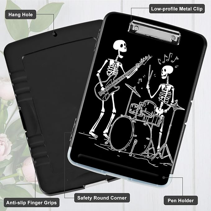A4 Clipboard with Storage Pen Holder, Clipboards Organizer Nursing Clipboard Foldable File Folder Plastic Clipboard Folio Clip Board for Office Work Classroom Doctor, Guitar Skull