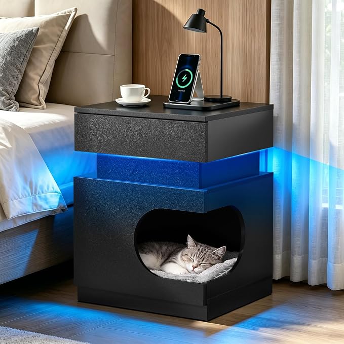 18" Pet Nightstand Charging LED Cat Cave Storage Drawer Side Table Black | Built-in charging: 2 AC outlets, 2 USB-A & Type-C ports, LED soothes pets at night, cushioned cave, drawer stores supplies