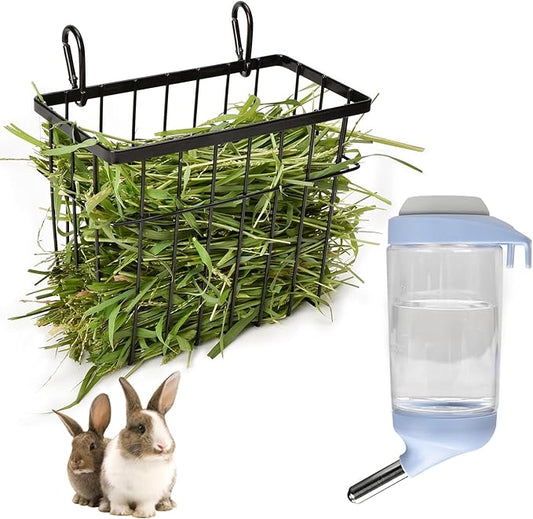 SANGLE SOPFFY Rabbit hay Feeder Small Animal Feeding Set with 350ml Water Bottle, Hay Rack for Guinea Pigs, Chinchillas