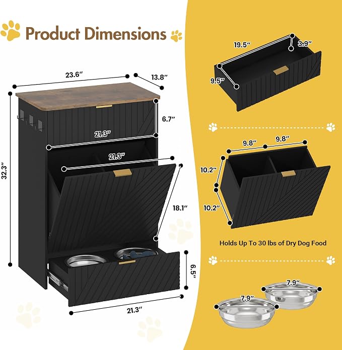 Dog Feeding Station Cabinet, Elevated Feeder Bowl, Black, Classic Panel | Slow Feeder Insert, Large food bin, Removable Divider, 3 Side Hooks, Pull-Out Drawer, Easy to Clean for Small & Middle Dogs