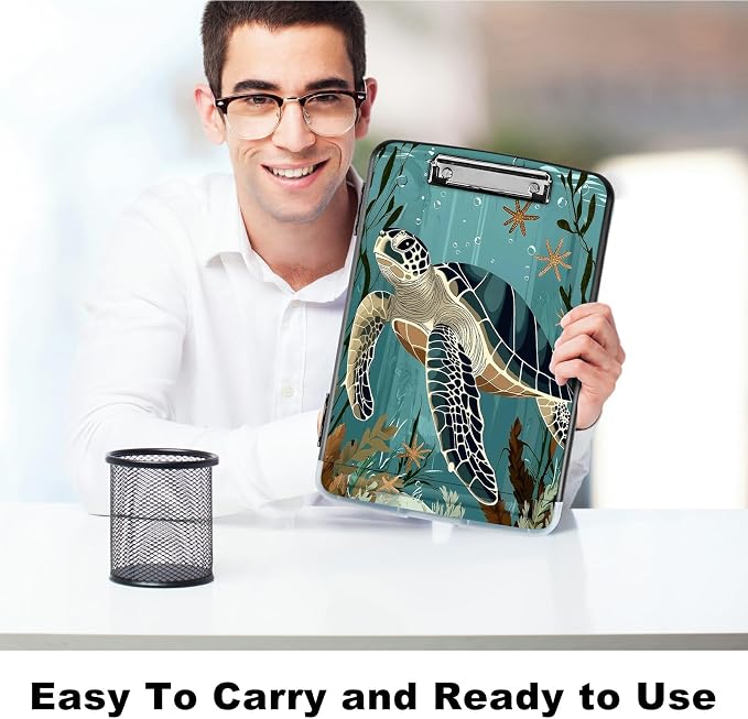 A4 Clipboard with Storage Pen Holder, Clipboards Organizer Nursing Clipboard Foldable File Folder Plastic Clipboard Folio Clip Board for Office Work Classroom Doctor, Retro Turtle Ocean