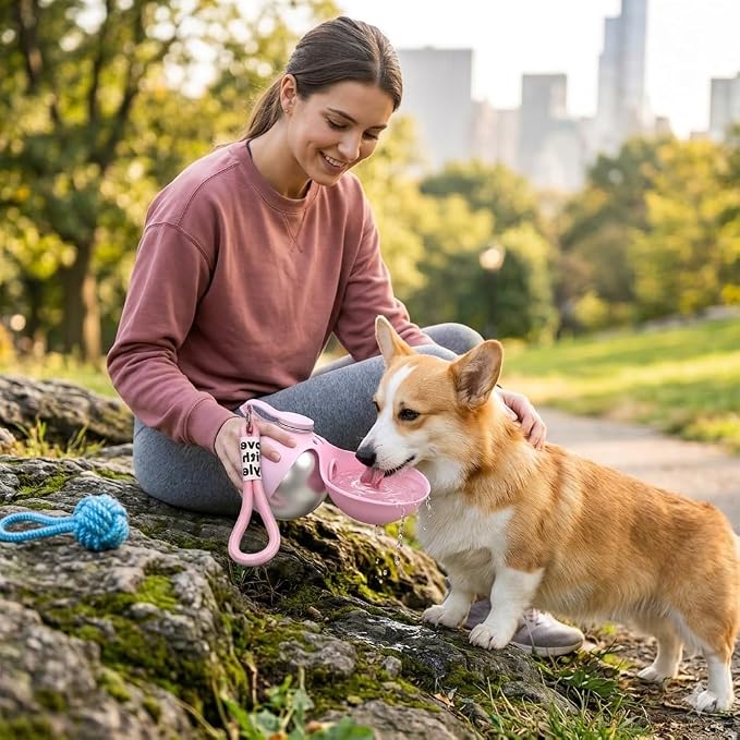 Ball-Shaped Dog Water Bottle, Stainless Steel Portable Pet Waterer with Food-Grade Foldable Silicone Bowl, Leak-Proof & Lightweight Puppy Drinking Flask for Walking, Hiking (B)