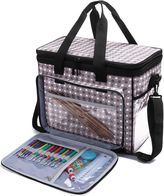 Teamoy Crochet Bag Knitting Bag Yarn Storage Tote, Yarn Organizer, Gray Dot | Yarn Holder for Crocheting, with Inner Divider and Cover, for Yarn Skeins, Project, Knitting Needles, and Crochet Supplies