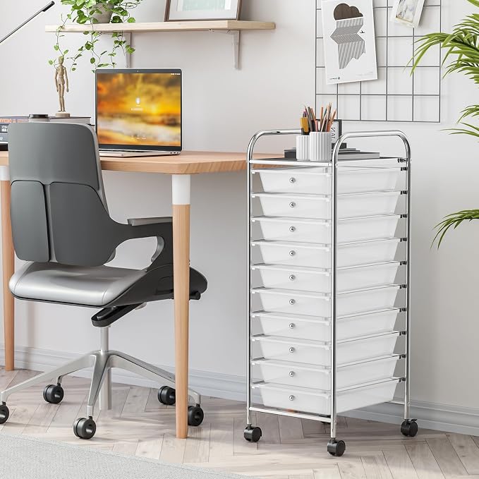 10 Drawer Rolling Storage Cart, Organization Cart with Drawers for Craft Makeup Paper Tool Art Supply, Versatile Utility Cart on Wheels for Home Office Classroom School (Clear)
