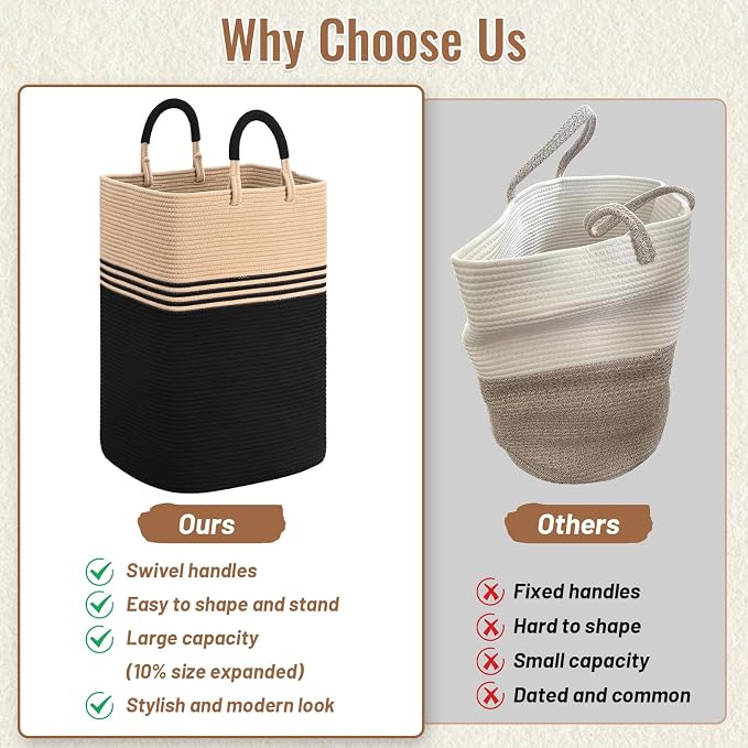 Laundry Basket Hamper,Blanket Storage,Dirty Clothes Hamper with Swivel Handles,Woven Cotton Rope Toy Baskets,Blanket Basket Living Room,Decorative Hampers for Nursery,Bedroom,Brown & Black,80L