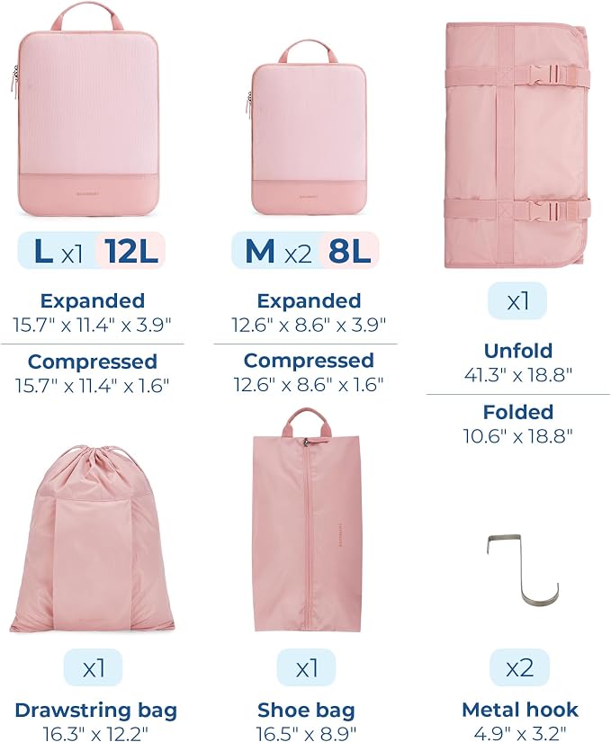 BAGSMART Hanging Compression Packing Cubes 6 Set Cruise Travel Essentials | 3-Fold Space Saving Hanging Shelves, Closet Organizers & Storage, Compressible Suitcase Organizer Bags, Machine Washable Cube