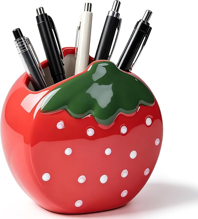 Ceramic Strawberry Shaped Pen Pencil Holder for Desk Decoration Accessories Strawberry Decor Makeup Brush Pen Cups Succulent Plant Pot Office School Ideal Gifts for Women, Mom or Birthdays