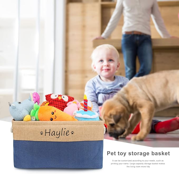 Personalized Dog Toy Storage Basket Bin Collapsible Customized Pet's Name Storage Box Organizer for Dog Toys、Dog Clothing、Dog Apparel & Accessories(Light Blue-S)