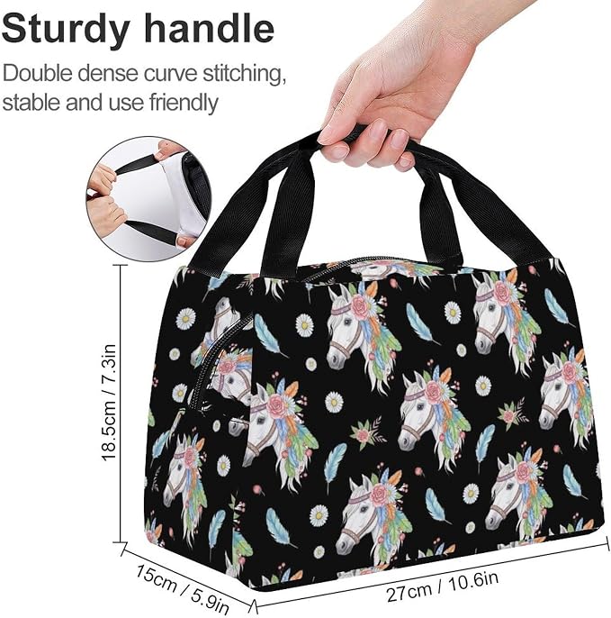 Cool Large Capacity Cooler Tote, Feathers Horse Daisy Floral | Reusable Insulated Lunch Box, for Office Travel, Portable Handheld Food Storage Bag, for Snacks Drinks