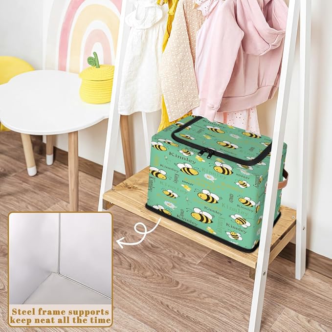 Personalized Black Storage Basket with Name, Mint Green, Bee with Daisy Floral Zipper Lid Laundy Hamper Dirty Clothes Pet Toys Storage Bin with Handles for Shelf Home Closet Kitchen