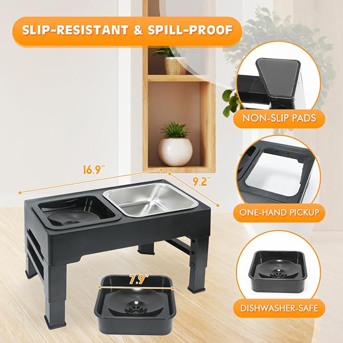 Elevated Dog Bowls with 3 Adjustable Heights, Raised Bowl Stand for Medium & Large Dogs, 1L Food and Water Feeder, Adjustable Pet Dish Station-Grey