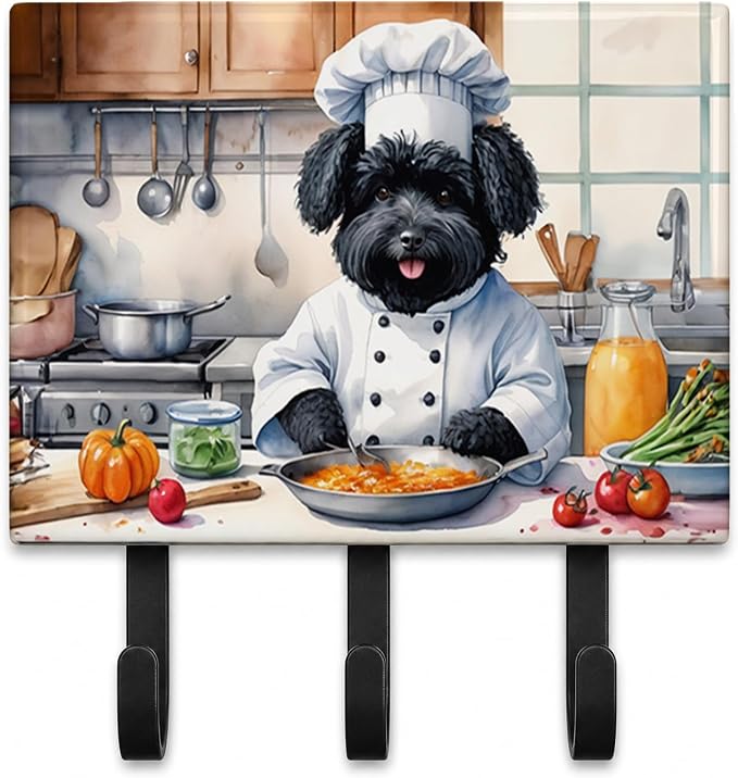 Caroline's Treasures Puli The Chef Leash or Key Holder Wall Hooks, Key Hooks Holder, Coat Rack Wall Mount, Coat Hooks, Hooks for Hanging Keys, Towels, Aprons, Leashes | Puli The Chef artwork on ceramic tile with three steel hooks for keys, leashes, towels