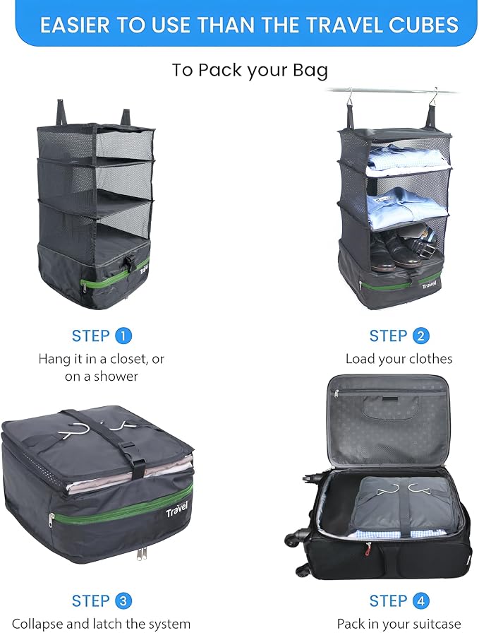 Stow-N-Go Hanging Travel Shelves, Packing Organizer for Luggage. Carry on Closet for Suitcase. Expandable Packing Cube. Travel Essentials. (Dark Gray - L, L = (L) 11.8" x (W) 11.8")