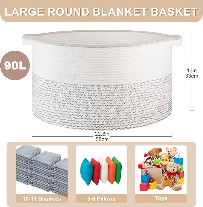 OIASKET Large Blanket Basket with Handles, 22.8" x 22.8" x 13" Woven Storage Basket for Living Room, Cotton Rope Baby Toy Storage for Clothes, Pillows, Towels-Black and White