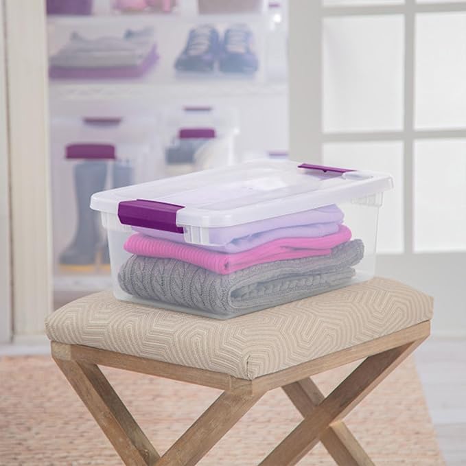 Sterilite ClearView Latch Boxes, Storage Bins with Lids, 15 Quart, 48-Pack | Clear Plastic Organizers with Color Accent Latches for Closet, Bedroom, Shelving Units, Dorm Room and Home Organization