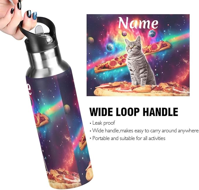 Custom Name Cat Pizza Planets Space Water Bottle with Straw Lid Kids Insulated Stainless Steel Water Flask Sports, 20 Oz Hot Cold