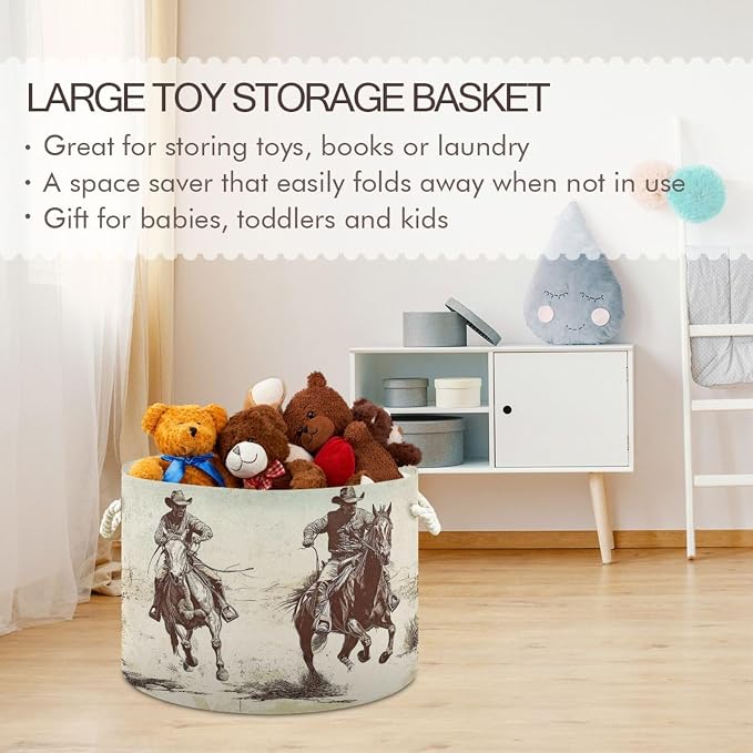 DOMIKING Large Storage Basket for Toys Horse Cowboy Beige Storage Bin Box Kids Laundry Hamper for Laundry Hamper Kid's Room Baby & Dog Toy