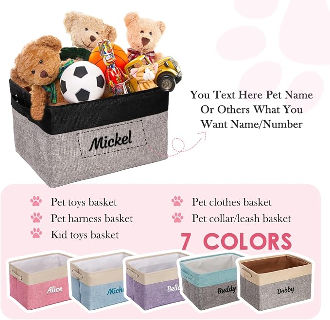 Ulico Personalized Dog Toy Storage Basket, Collapsible Pet Storage Organizer Box with Handles, Custom Dog Toy Bin with Pet's Name Cat Toy Storage Gift for Dog Lovers（Black）