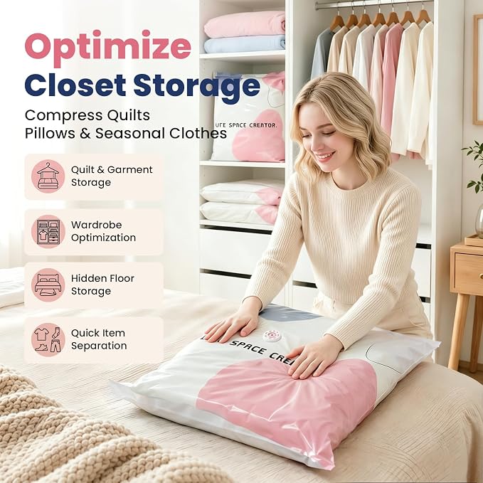 8PCS No Pump Vacuum Storage Bags, No Pump Large Vacuum Storage Compression Bags, Thick Airtight Reusable Organizer for Clothes Comforters Travel Moving Closet Storage (M)
