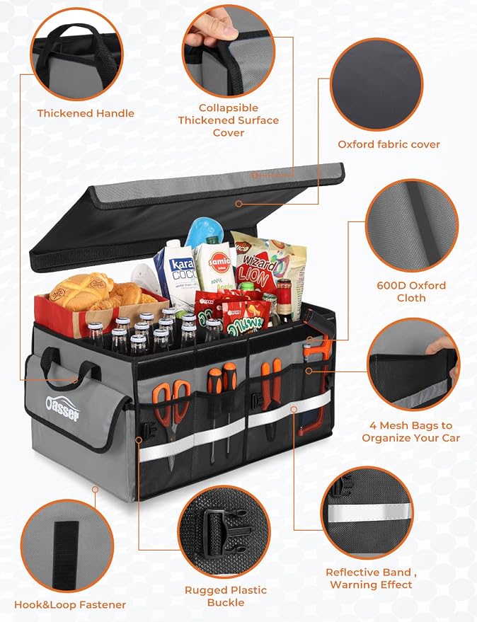 Oasser Car Trunk Organizer Collapsible Multi Compartments SUV Trunk Organizer with Reflective Strip Foldable Cover | 4 Mesh Pockets, 600D, Non-Slip Bottom, Reflective Strip, 35kg Load, for SUV Saloon Estate Daily Storage, Shop & Family Trip