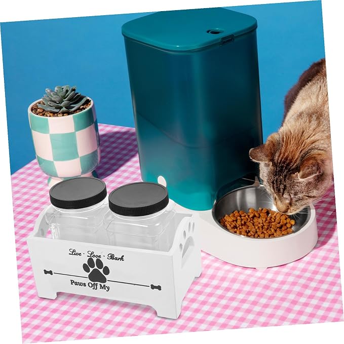 GANAZONO Wooden Dog Food Storage Box with 2 Airtight Canisters Pet Treat Organizer Stand Home Snack Crate for Dogs Sturdy Sealed Food Container for Kitchen Use