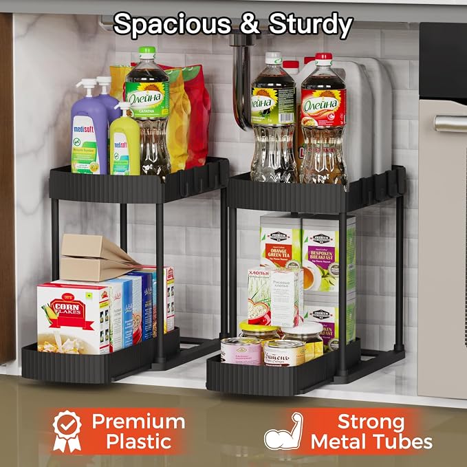2 Packs Under Sink Pull-Out Storage Organizers, 12.8 Inches, Black | Multi-Purpose Cabinet Organizers and Storage for Bathroom & Kitchen
