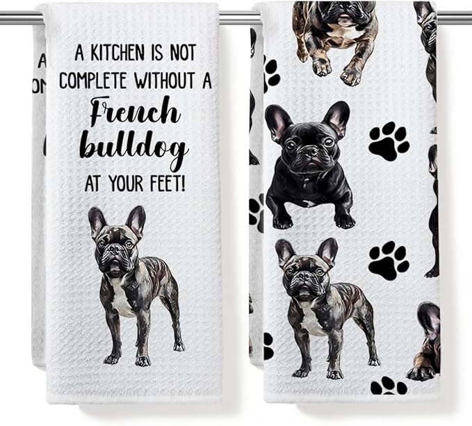 French Bulldog Waffle Weave Kitchen Towels, Quick Dry Multipurpose Hand Towels for Bathroom, Absorbent Reusable Cloth Tea Dish Towels for Home Decor, Dog Lover Gift Towel Set of 2