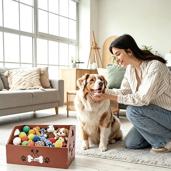 Large Dog Toy Bin Basket 16.5x11 Pinewood Dog Toy Storage Box Rerctangle Decorative Pet Toy Organizer with Paw Print Design & Handles for Pets Toys Food Blankets Clothes
