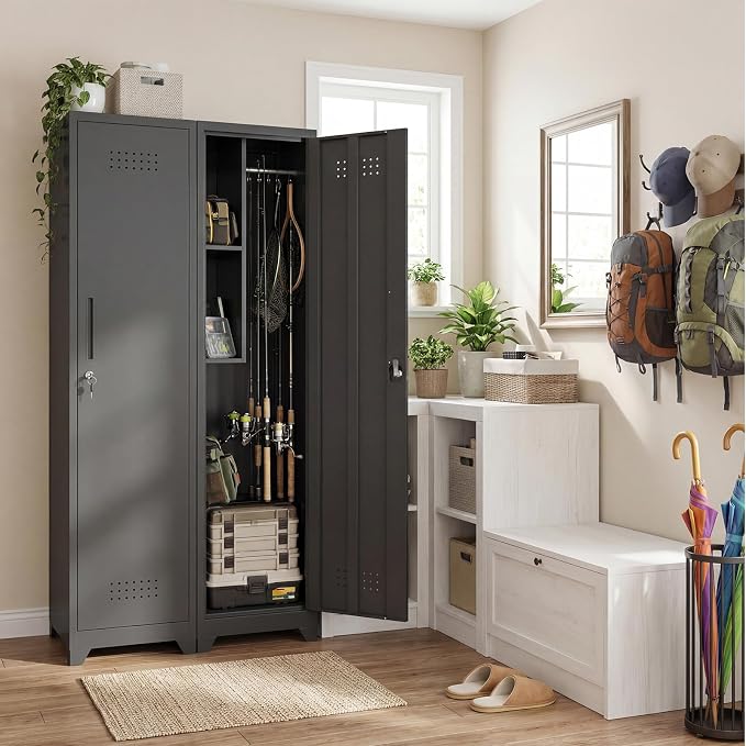 Slim Broom Closet Storage Cabinet, Black Metal Cabinets with Lock and & S-Hooks, Cleaning Supply Cabinet, 65x15.8x15.8 Utility Storage Cabinet for Garage, Office, Laundry Room