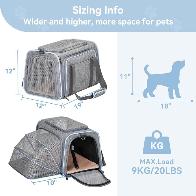 Petsfit Large Expandable Cat Carrier for Travel, Up to 18 lb | 19 x 12 x 12 in; roomy expandable space with a reinforced frame, locking zippers, interior safety tether and large pocket.