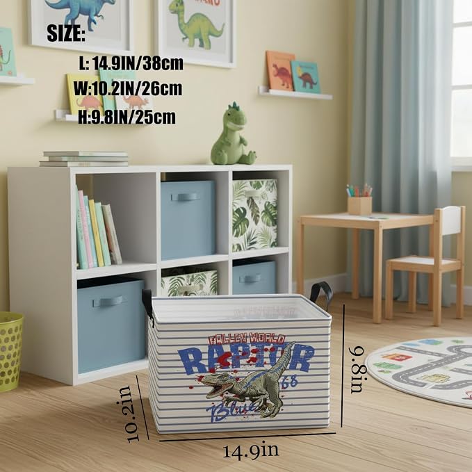 Kid Dinosaur Storage Basket, Blue Striped Tyrannosaurus Rex | Rectangular, Collapsible, Room Decor, Nursery Gift Basket, Baby