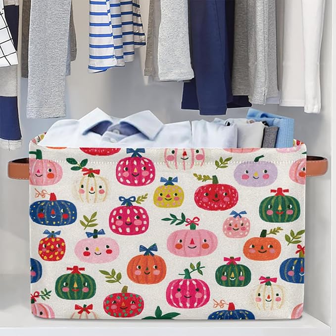 Pardick Autumn Basket Storage Bins Rectangle Canvas Basket Cube Storage Box | Nursery Foldable Basket with Handle for Kids Girls Boys Toys Living Room Closet Organizer Shelf Gifts Fall Decor (132)