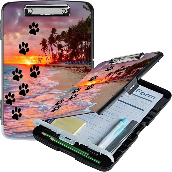 A4 Clipboard with Storage Pen Holder, Clipboards Organizer Nursing Clipboard Foldable File Folder Plastic Clipboard Folio Clip Board for Office Students Classroom Doctor, Dog Paw Print Beach