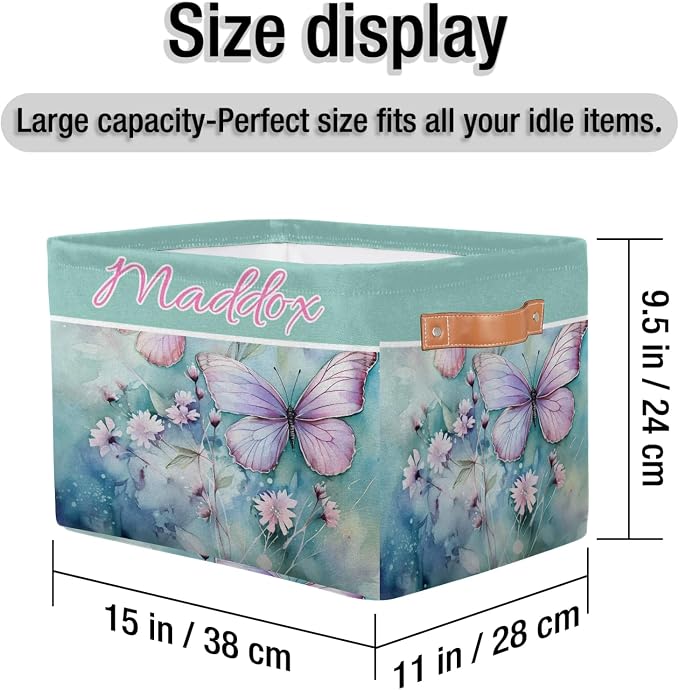 Custom Name Storage Bin, Personalized Rectangular Storage Basket with Handles for Organizing Boys Girls Toys Office Closet Shelf Baskets, Watercolor Pink Butterfly with Floral