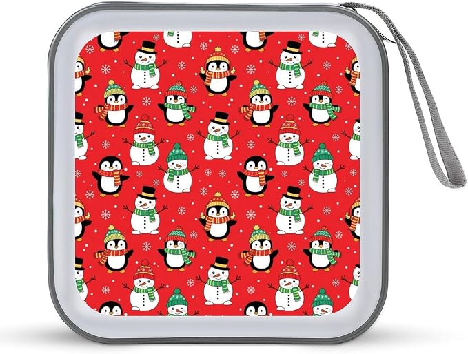 Protective 40-Capacity CD Organizer Christmas Cute Penguin Snowman Red, Hard Case Storage Binder with Zipper, Portable Wallet for Car Home Office