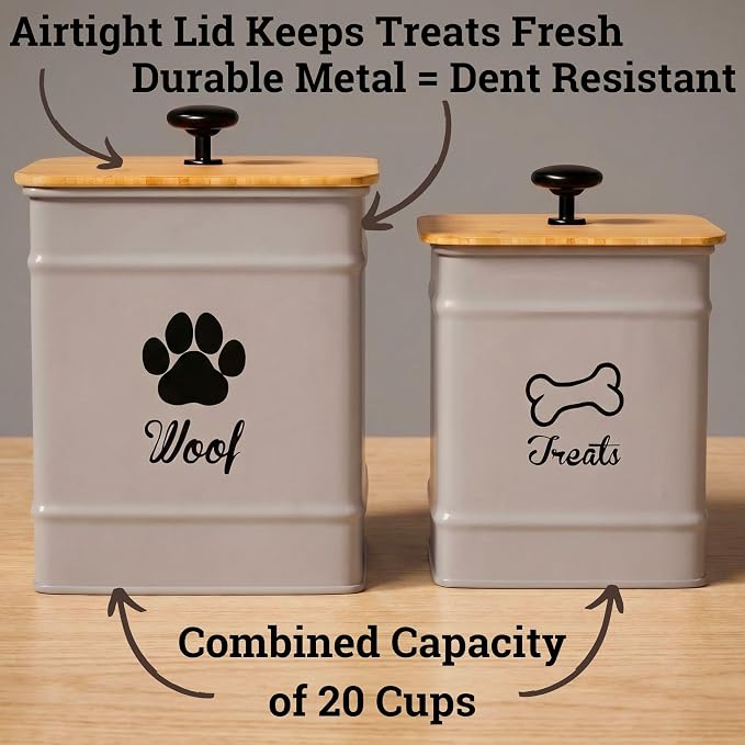 Dog Treat Container Set of 2 with Airtight Bamboo Lids - 8x6 & 7x5 inch | Fits All Popular Treats, Up to 20 Cups Combined Capacity, Airtight Bamboo Lid, Easy Open Lid, Dent-Resistant Durable Metal