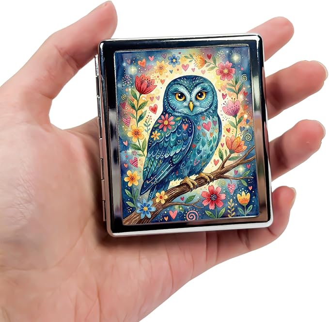 Weekly Pill Organizer, Metal Pill Box with 8 Compartments, Small Travel Pill Case for Purse Pocket, Medicine Vitamin Supplement Organizer (Floral Owl)