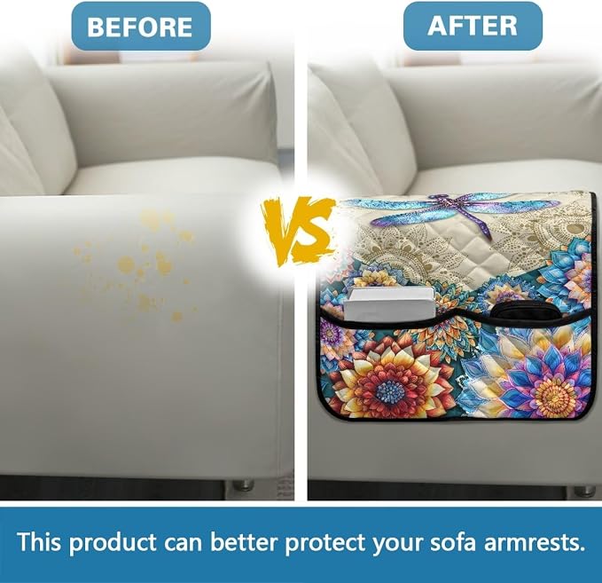 Dragonfly Pattern Chair Arm Protectors with 2 Pockets Stretch Couch Armrest Cover,Arm Rest Covers for Sofa,Dustproof Soft Armchair Covers for Arms Wasahble Sofa Arm Slipcover