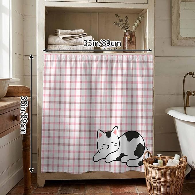 Cute Cat Cabinet Dishwasher Hidden Curtains, Privacy Closet Door Curtain, Pink Brown Checked Modern Pet Cats Rustic Adhesive Dust Proof Under Sink Skirt for Bathroom Kitchen 35"x35"
