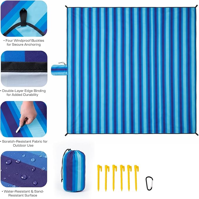 OIGAE Beach Blanket Waterproof Sandproof Oversized Beach Mat | Picnic Mat with Stakes, Storage Bag - Essentials for Outdoor Beach, Picnic,Quick-Dry Lightweight,Windproof Pockets